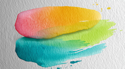 Obraz premium Watercolor brushstroke with gradient tones of pink, orange, green and teal applied on textured white paper, perfect for creative backgrounds and copy space.