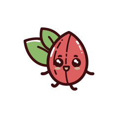Cute cartoon character of a smiling red seed with green leaves, conveying joy and playfulness