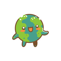 Cute cartoon character representing Earth smiling and waving, with a simple white background