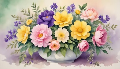 Obraz premium A stunning watercolor floral bouquet in a white vase, painted with vibrant colors.