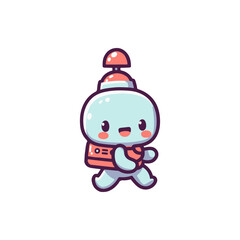 Cute cartoon character with a backpack and a bell, happily walking in a simple background