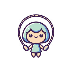 Cute cartoon character with blue hair skipping rope in a playful setting