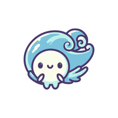 Cute cartoon character with a wave, smiling happily, surrounded by a whimsical ocean backdrop