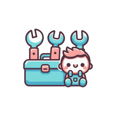 Cute cartoon child with tools, smiling beside a toolbox, in a playful workshop setting