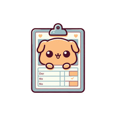 Cute cartoon dog on a clipboard with checkboxes, representing adoption or pet care