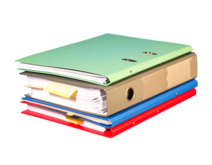 Stacked File Folders with Papers and Sticky Notes, Pile of paperwork and files, Transparent background, PNG, Clipping path, graphic resources, Business concept.