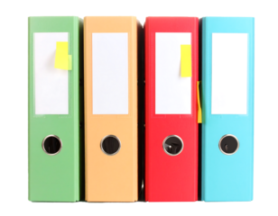 Stacked File Folders with Papers and Sticky Notes, Pile of paperwork and files, Transparent background, PNG, Clipping path, graphic resources, Business concept.