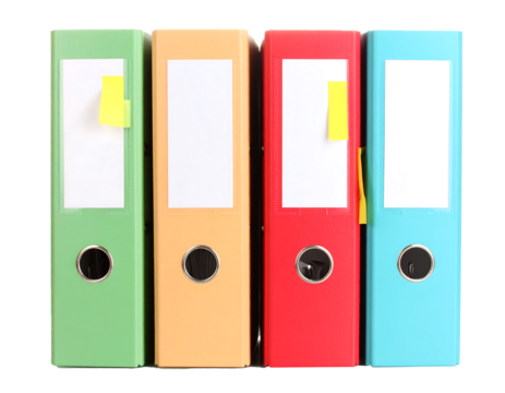 Stacked File Folders with Papers and Sticky Notes, Pile of paperwork and files, Transparent background, PNG, Clipping path, graphic resources, Business concept.