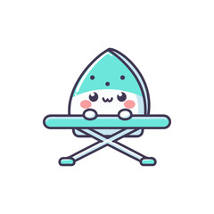 Cute cartoon iron character happily ironing clothes on a board, with a cheerful background