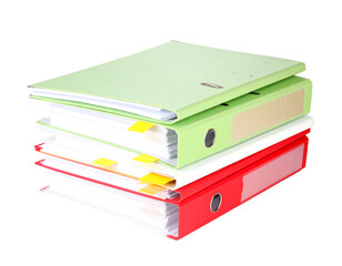 Stacked File Folders with Papers and Sticky Notes, Pile of paperwork and files, Transparent background, PNG, Clipping path, graphic resources, Business concept.