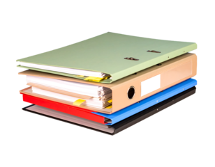 Stacked File Folders with Papers and Sticky Notes, Pile of paperwork and files, Transparent background, PNG, Clipping path, graphic resources, Business concept.