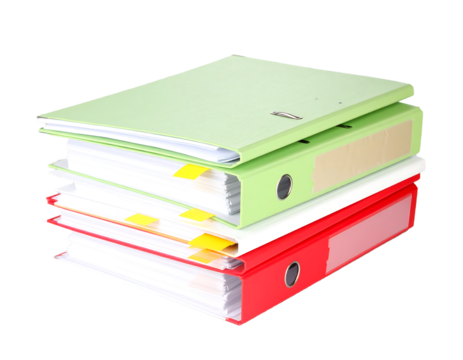 Stacked File Folders with Papers and Sticky Notes, Pile of paperwork and files, Transparent background, PNG, Clipping path, graphic resources, Business concept.