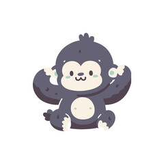 Cute cartoon monkey sitting with arms raised in a playful pose, set against a simple white background
