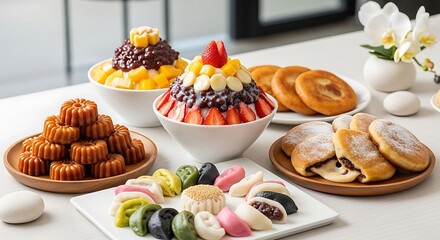 Delicious Assortment of Korean Desserts Featuring Fruit Shaved Ice Mooncakes and Pancakes for Festive Celebrations and Sweet Treat Enjoyment