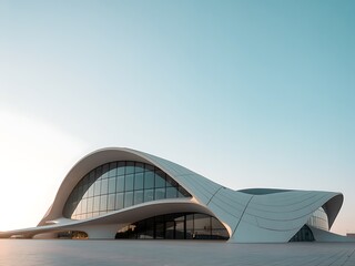 Obraz premium White Futuristic Building with Curved Architecture and Glass Facade