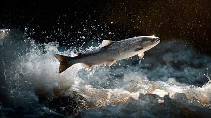 Naklejka premium Salmon Leaping Upstream: A Majestic Display of Nature’s Determination