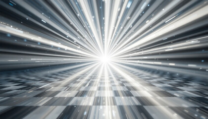 Abstract light streaks converging on a bright point over a checkered plane surface design