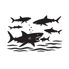 Underwater wide shot of multiple sharks feeding