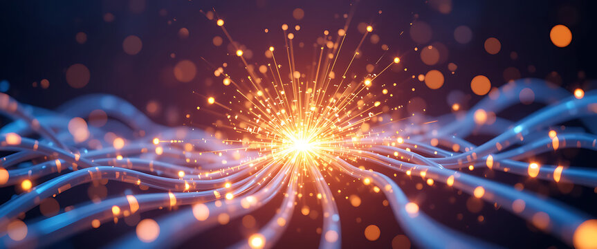 Abstract smooth glowing clear transparent glowing with sparkling friction blue copper 1000 cables with golden lights flowing, minimalist, in dark purple gradient background, shimmering connected bokeh