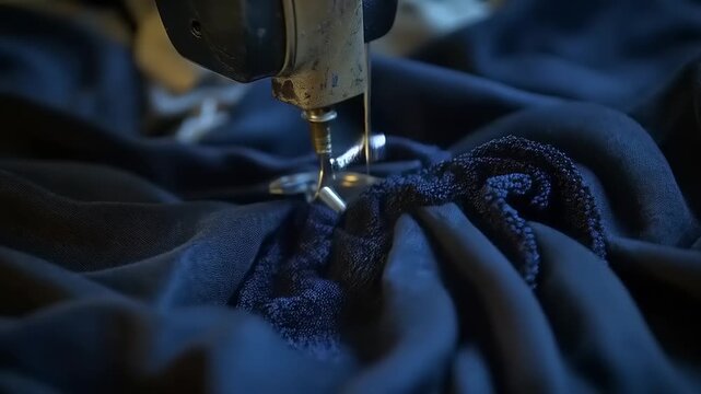 Close-up of a vintage sewing machine stitching dark blue fabric intricately