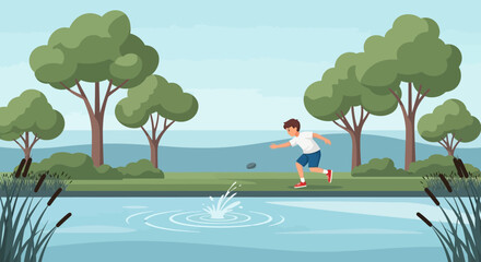 Illustration of a boy skipping stones on a lake surrounded by trees and nature outdoor scene perfect for relaxation