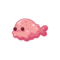 Cute cartoon pink fish character with a sad expression swimming in a simple background