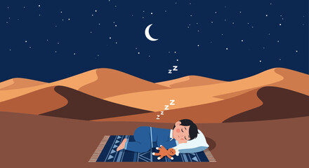 Obraz premium Illustration of a Boy Sleeping Peacefully in Desert Under Starry Sky with Moon