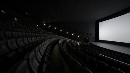 Fototapeta premium Empty movie theater auditorium with large screen ready for showing films providing an atmosphere of anticipation and excitement before the start of entertainment experiences