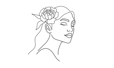 Peony flower in hair girl face, continious line drawing. Feminine beauty outline. Vector illustration