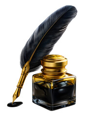 Elegant vintage quill pen poised over a luxurious golden-capped inkwell, evoking classic writing and timeless artistry for sophisticated projects. Isolated to Transparent Background
