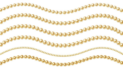Elegant golden pearl strings on black background for jewelry design elements