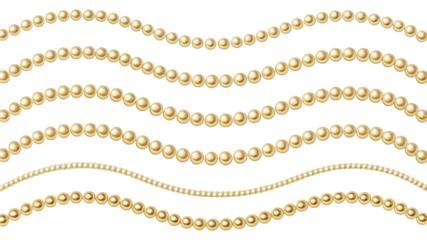 Elegant golden pearl strings on black background for jewelry design elements