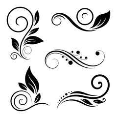 Black floral swirls and leaves decorative elements leaf © Sultana