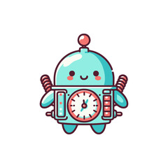 Cute cartoon robot character with a clock, showcasing friendly design and playful features