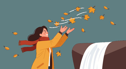 Illustration of a cheerful woman enjoying the autumn season with falling leaves around her and a brown sofa