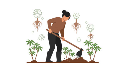 Illustration showing a woman gardening and cultivating soil for planting crops efficiently