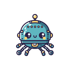 Cute cartoon robot with multiple arms and a smiling face, set against a simple white background