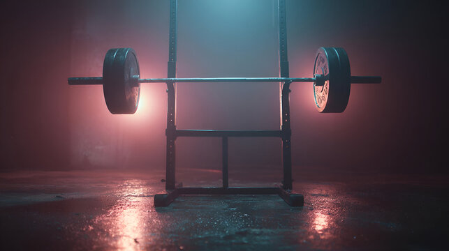 Loaded Barbell in Squat Rack, Dark Gym Atmosphere