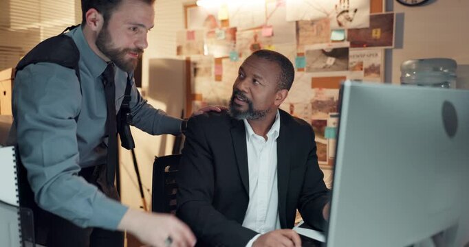 Documents, computer and private investigators in office with meeting for solving case in collaboration. Paperwork, team and male detectives with discussion for briefing on investigation in workplace.