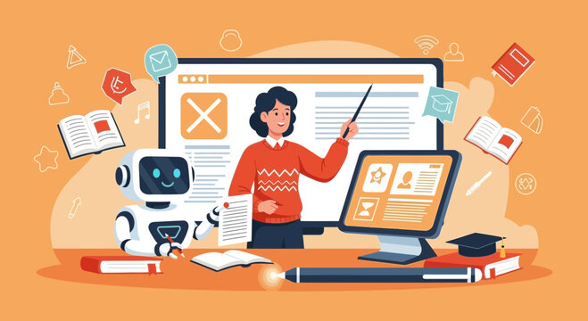 Illustration of a teacher, robot, and technology for online education and learning