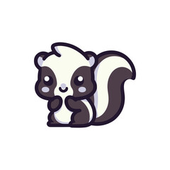 Cute cartoon skunk character sitting happily, with a simple white background emphasizing its features