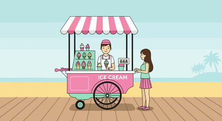 Fototapeta premium Illustration of a customer buying ice cream from a vendor at a beach kiosk