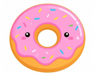 Cartoon Donut with Pink Glaze Sprinkles and Playful Face on White Background