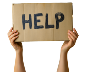 Hands holding a handwritten cardboard sign with the word help, a concept of homelessness, poverty, and a plea for support