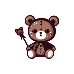 Cute cartoon teddy bear with stitches holding a small skull-topped stick in a whimsical setting