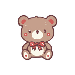 Cute cartoon teddy bear with a red bow sitting on a white background, ideal for children's decor