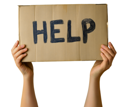 Hands holding a handwritten cardboard sign with the word help, a concept of homelessness, poverty, and a plea for support