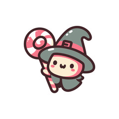 Cute cartoon witch holding a large spiral lollipop, set against a simple white background