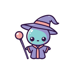 Cute cartoon wizard character holding a magical staff, set against a simple white background