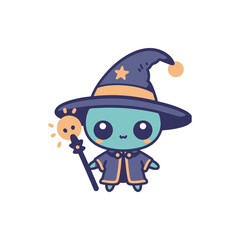 Cute cartoon wizard character wearing a starry hat, holding a magical staff, in a whimsical setting